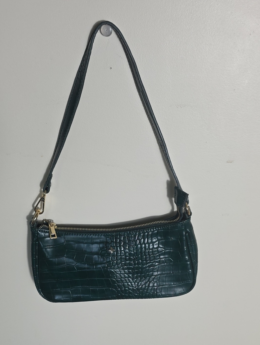 Peta + Jain Croc-Embossed Deep Green Shoulder Bag with Gold Hardware